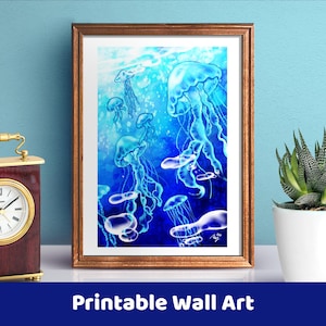 Arte de parede para impressão de água-viva - Arte digital azul subaquática do oceano - Download instantâneo (tamanho carta e tabloide)