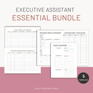 Op de afbeelding: Een Executive Assistant Essential Bundle met vijf sjablonen. De sjablonen omvatten een oproep- en e-mail logboek, een zakenreisroute, een wachtwoordtracker, een dagplanner en een vergader- en afsprakenplanner. De tekst "SWEETPAPERBYZARED" staat onderaan.