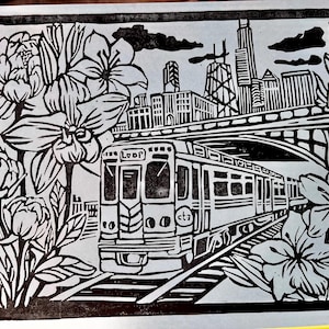 CTA Train & Flowers Stampa linoleografica a inchiostro nero / Carta blu, beige, giallo neon / Decorazione murale fatta a mano 8,5"x11" / Arte del treno "L" di Chicago