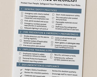 May include: A white checklist titled "SAFETY & LOSS CONTROL CHECKLIST" with sections on general safety practices, fire prevention, employee training, and documentation. The checklist includes checkboxes and bullet points for various safety measures.