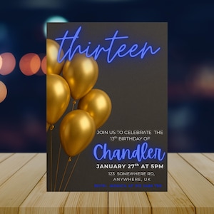 13th Birthday Invitation, Neon Light 13th Birthday Editable Digital Download Party Invite,13th Birthday Invite