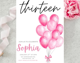 Pink Coquette 13th Birthday Invitation, Editable Teen Party Invite Digital Download