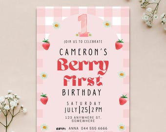 Berry First Birthday Invitation Digital Download,Strawberry Party Evite, Berry Sweet Party