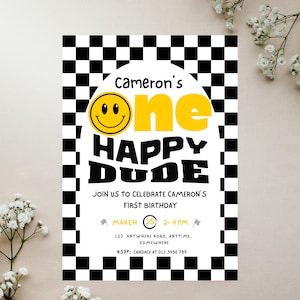 Editable One Happy Dude Birthday Invitation  Cool Boy 1st Birthday Party Invite Template,Smiley Face Birthday,Canva Template, One Happy Dude