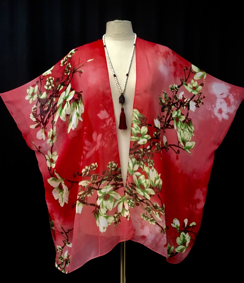 Sheer Silk Kimono Floral Magnolia Blossom Jacket Bohemian Festival Top Kaftan Coverup Robe Etsy