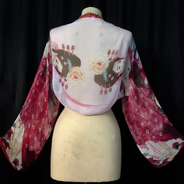 Sheer Silk Kimono Asian Geisha Bolero Jacket Bohemian Festival Top Kaftan Coverup