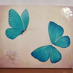 Dipinto a farfalla turchese – Quadro su tela 60 x 50 cm – Decorazione moderna in acrilico naturale – Farfalle blu sognanti per soggiorno o camera da letto
