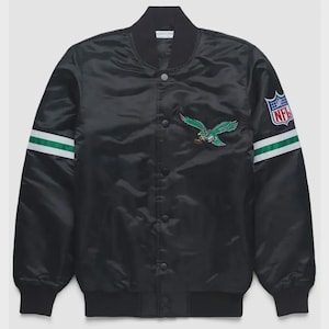 Vintage-Style Black Bomber Jacket | Satin Varsity Jacket with Eagle Embroidery | 80s Sports Look | Unisex Fall Fashion