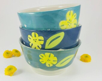 SOUP BOWL with FLOWERS/// Cereal Bowl, Pasta Bowl, Serving Bowl, Porcelain Bowl, Pottery Bowl, Ceramic Soup Bowl, Handmade Pottery