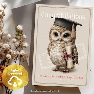 Cartão de Formatura da Faculdade de Direito para Advogados | Cartão de Formatura em Formato de Coruja Fofo para Download Digital | PDF para impressão e PNG para eCard inclusos