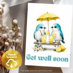 Carte de prompt rétablissement avec de jolis oiseaux bleus et de la limonade – Carte pliable imprimable 5x7 + PNG numérique – Téléchargement instantané pour un cadeau de rétablissement