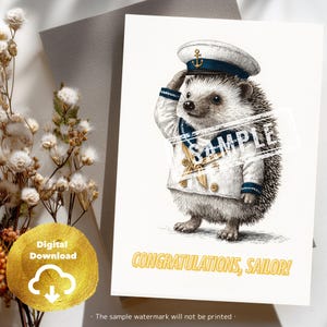 Tarjeta de Graduación de la Marina - Tarjeta de Marinero con Erizo - Felicitaciones de la Escuela Militar - Descarga digital - PDF imprimible de 5x7 + PNG