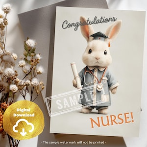 Carte de remise de diplôme d'infirmière mignonne - PDF et PNG imprimables | Carte numérique de remise de diplôme d'école d'infirmières | Carte de félicitations animal kawaii