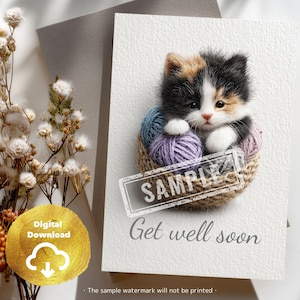 Biglietto di pronta guarigione – Gatto calico stampabile in un accogliente cestino di lana – Biglietto di auguri digitale 5x7 con PDF e PNG per stampa o telefono