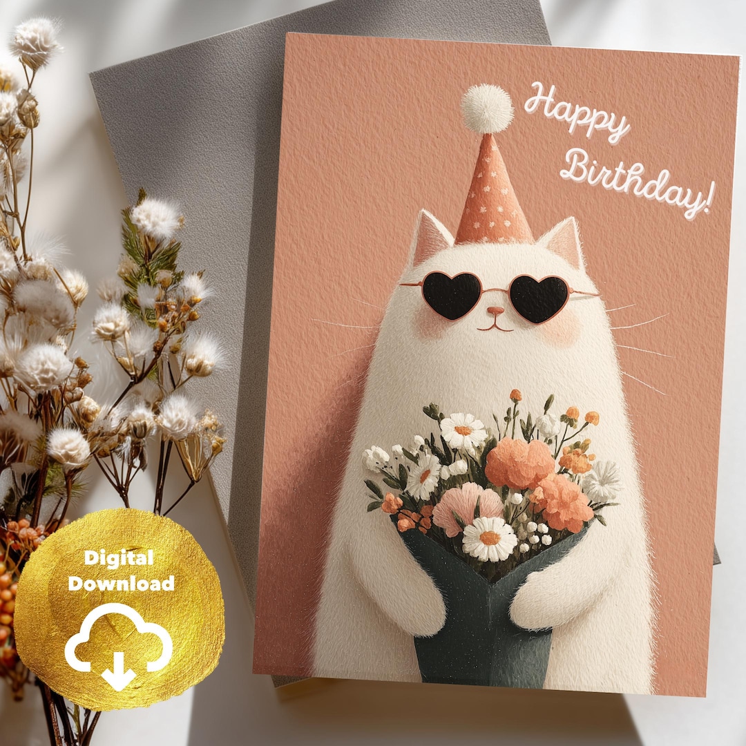 Funny Cat Birthday Card – 5x7" Printable Digital Download – Cute Party ...
