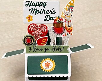 3D Mother's Day Pop Up Card, Llama Theme, I Llove You Llots, Dark Green and White, Exotic, Folds Flat for Mailing, Free US Shipping, Unique