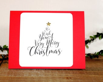 Christmas Card, Green Red White, Tree, Star, Calligraphy Fonts, We Wish You A Very Merry Christmas, Free US Shipping