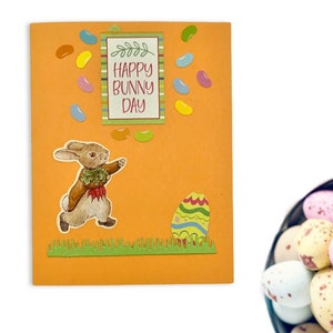 Tarjeta de Pascua, Feliz Día del Conejo, Conejo Victoriano, Gomitas, Huevo de Pascua, Naranja Amarillo, Interior en blanco, Envío gratis a EE. UU., Única, Pieza única