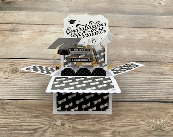 3D Box Pop Up Graduation Card, Congratulations Graduate, Cap Tassle Diploma Books, College, University, Free US Shipping