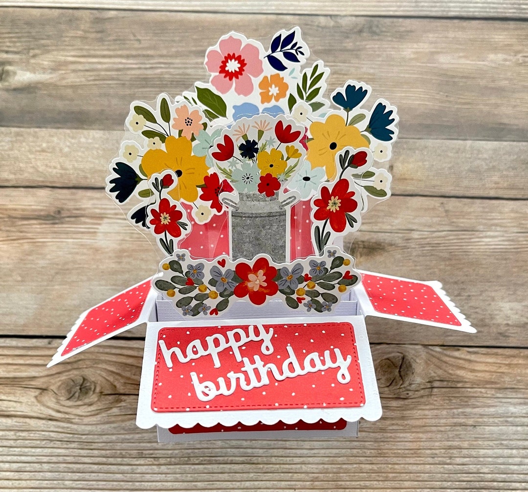 3D Box Pop up Birthday Card, Floral Flowers Theme, Red White Blue Pink ...