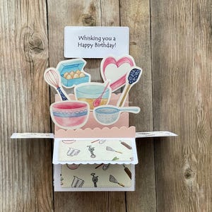 Cartão pop-up 3D de aniversário | Cartão com tema de caixa de panificação | Whisking You a Happy Birthday | Cartão fofo para amantes de panificação | Cartão feito à mão