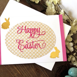Osterkarte l Hase l Pink Gold Weiß l Schleife l Innen leer l Gratis US Versand l Einzigartig l Einzigartig