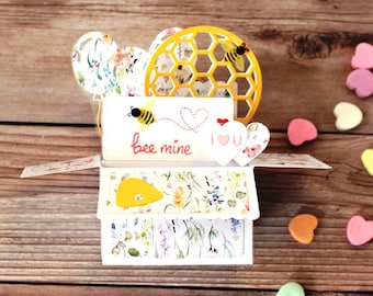 3D Box Pop Up Valentine's Day Card, Bee Theme, Floral Balloons Hearts, I Love You, Yellow Pink White, Folds Flat to Mail