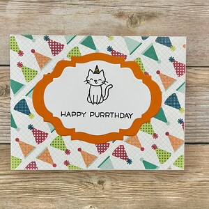 Verjaardagskaart l Happy Purrr-thday l Cat Kitty l Oranje l Veelkleurig l Feestmutsen l Blanco binnenkant l Gratis verzending in de VS