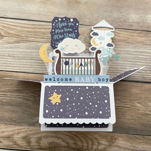 Boîte 3D pop-up carte bébé garçon l Thème de l'heure du coucher l Étoiles nuages commencement du berceau l éléphant ours en peluche l livraison gratuite aux États-Unis
