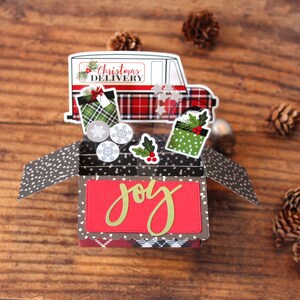 3D Pop Up Christmas Card, Joy, Presents, Vintage Truck, Snowflakes, Holly, Red White Green, Plaid, Folds Flat for Mailing, Free US Shipping