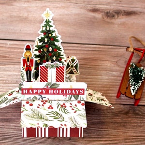 3D pop-up kerstkaart, fijne feestdagen, boom speelgoedsoldaat bel cadeau hulstbessen, rood wit groen, plat op te vouwen, gratis verzending in de VS
