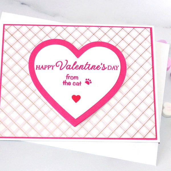 From the Cat Valentine's Day Card, Pink White, From the Cat, Paw Print, Fur Baby, Plaid Heart, Unique, One of a Kind, Free US Shipping