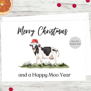 Festliche Kuh Weihnachtskarte l Kuh l Frohe Weihnachten und ein glückliches Moo-Jahr l Wortspiel l 15x20 Karte l Sofortiger Download JPG/PNG/PDF l Ausdruck zu Hause