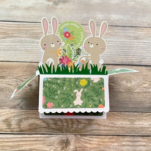 3D Box Pop Up Osterkarte l Hasen grüne Felder Blumen l Osterwünsche l Grün Weiß l Falten flach für den Versand l Kostenloser US Versand