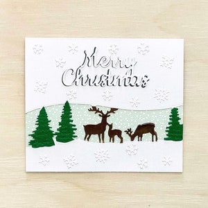 Kerstkaart l Vrolijk kerstfeest l Middelste uitsnede Bosscène l Herten bomen sneeuw l Blanco binnenkant l Gratis verzending in de VS
