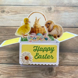 Carte de Pâques pop-up avec boîte 3D, jaune et blanc, thème poussin lapin, panier de Pâques, se plie à plat pour l'envoi, livraison gratuite aux États-UnisLivraison gratuite à partir de 35 ans