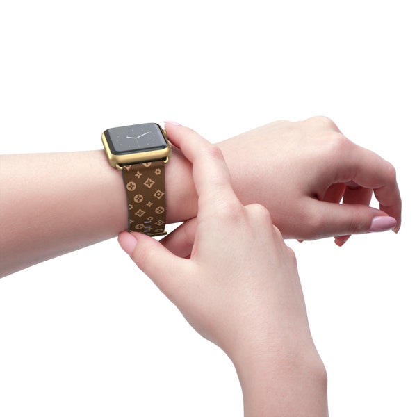 Stilvolles und schickes Apple Watch-Band aus veganem Leder mit Aufdruck, Rand- und Schnallenfarbe wählen, Schwarz, Silber, Gold, Roségold