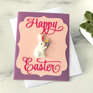 Osterkarte, Fröhliche Ostern, Hase mit Blumen, Lila Rosa Weiß, Innenseite blanko, Einzigartig, EinzelstückGratis Versand ab 35