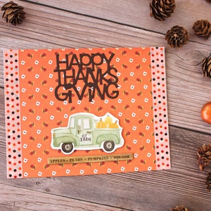 Thanksgiving-kaart l Vintage vrachtwagen l Pompoenen l Bloemen stippen l Oranje Bruin Blauw l Blanco binnenkant l Gratis verzending in de VS