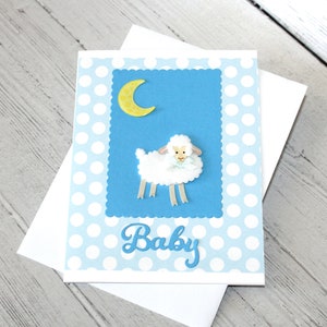 Karte zum Baby l Kleiner Junge l Mond und Lamm l Polka Dots l Blau Weiß l Innen leer l Einzigartig l Einzigartig