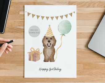 Print At Home Birthday Card, Dog Lover Card, Brown and Green, Blank Inside, 5 x 7, Instant Download JPG PNG PDF, Envelope File Included