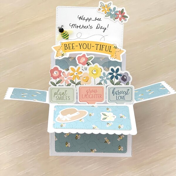 Carte pop-up fête des mères 3D, thème abeille du jardin, fleurs, chapeau, carte de jeu de mots abeille, joyeuse fête des mères