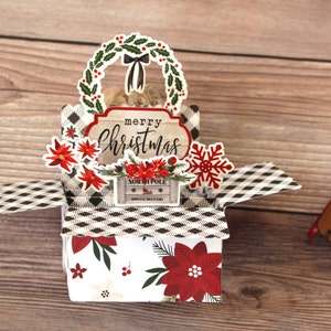 Tarjeta navideña emergente con caja 3D l Tema floral l Corona de Pascua con copos de nieve l Cuadros a cuadros l Se pliega para enviar por correo l Envío gratuito a EE. UU.