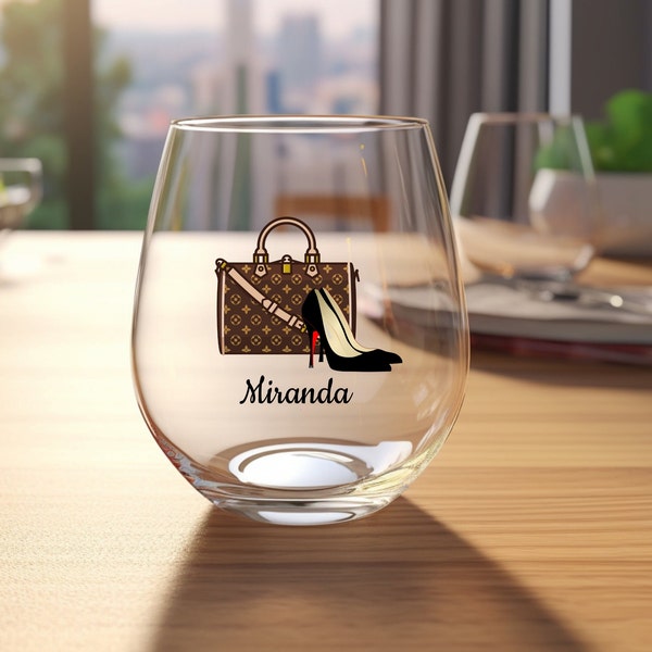 Personalizable Stemless Wine Glass with Shoes and Handbag Graphic, 11.75oz, Personalizable Gift for Her, Bachelorette Party, Bridesmaid Gift