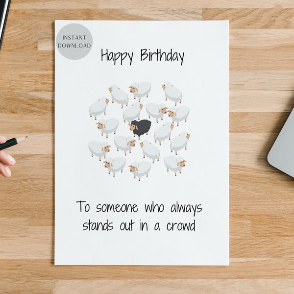 Print At Home Birthday Card, Black Sheep, Stand Out in a Crowd, Happy Birthday, Instant JPG PNG PDF Download