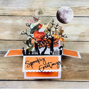 Biglietto di auguri di Halloween pop-up 3D l Strega vintage con gatto l Cimitero spaventoso l Luna l Si piega in modo piatto l Spedizione gratuita negli Stati Uniti