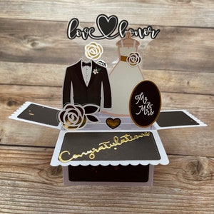 3D Box Pop Up Hochzeitskarte, Gold Weiß Schwarz, Liebe für immer, Kleid Tux Blumen Herzen, Unikat flach zum Versenden, kostenloser Versand in die USA