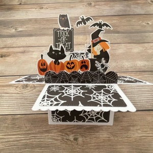 3D Box Pop Up Halloween Karte Karte für Sie oder Kinder l Hexe mit Kessel l Katze Kürbisse Spinnen Fledermaus l Flach gefaltet l Kostenloser Versand in die USA