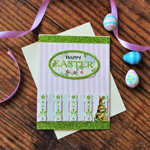 Karte zu Ostern l Häschen l Frohe Ostern l Pink Grün Weiß l Glitzer l Gratis US Versand l Einzigartig l Unikat