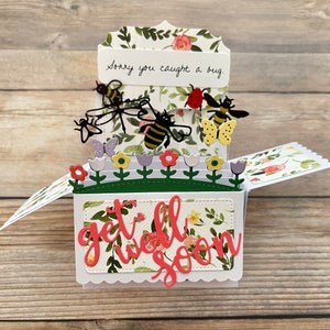 3D Box Pop Up Gute Besserung Karte l Käfer Thema l Tut mir leid, dass du einen Käfer erwischt hast l Gute Besserung l Blumen Schmetterlinge l Falten flach für den Versand, kostenloser US Versand